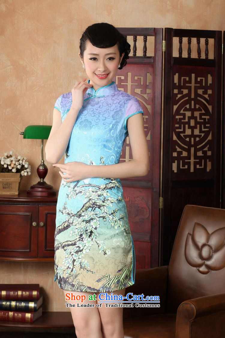 Yet women's floor building new summer Ms. Short-Sleeve Mock-Neck Tray Tie China wind Chinese improved hand-painted large retro cheongsam dress suit Female Tang dynasty blue S/32 Lake -A Picture, prices, brand platters! The elections are supplied in the national character of distribution, so action, buy now enjoy more preferential! As soon as possible.