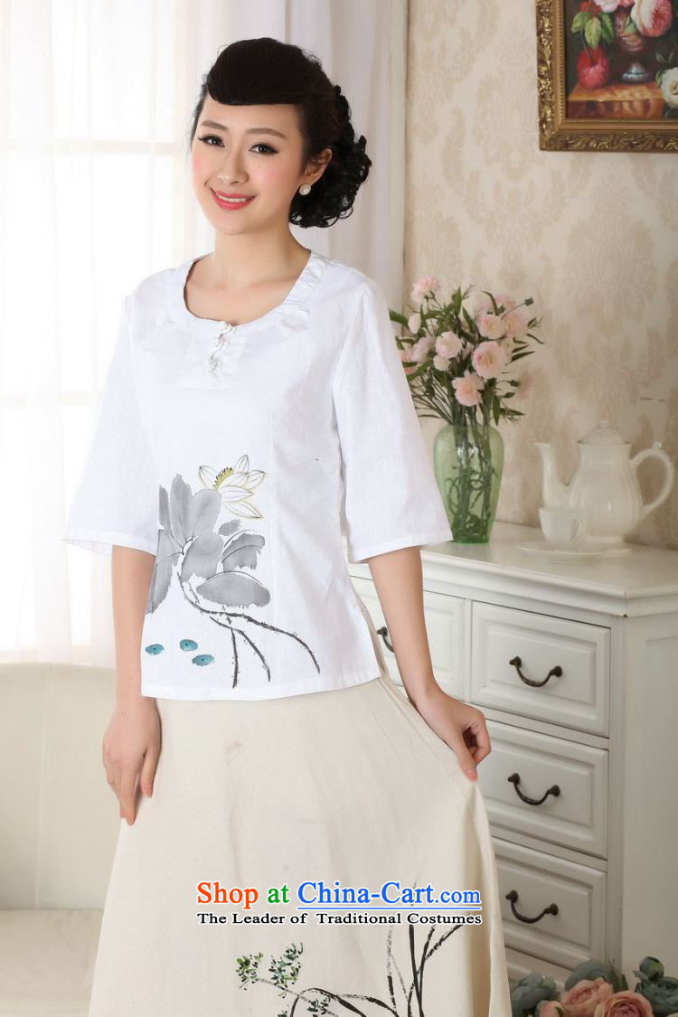 Yet women's floor building new summer, cotton linen hand-painted 7 cuff round-neck collar retro Chinese name-bong-large improved code Tang blouses female white M picture, prices, brand platters! The elections are supplied in the national character of distribution, so action, buy now enjoy more preferential! As soon as possible.