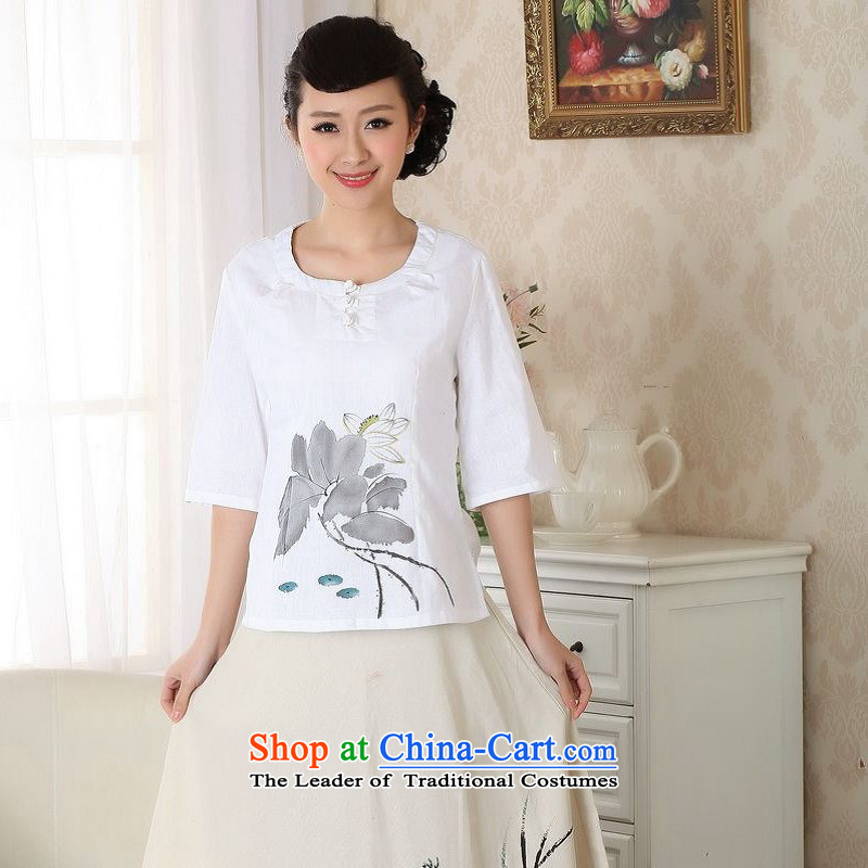 Yet women's floor building new summer, cotton linen hand-painted 7 cuff round-neck collar retro Chinese name-bong-large improved code Tang blouses female white?M