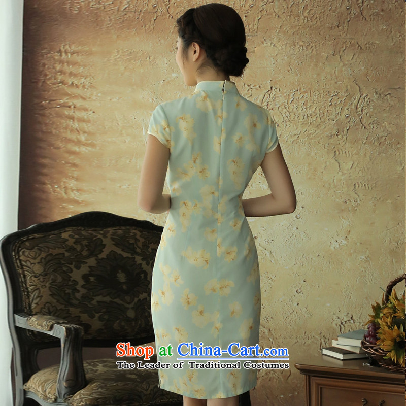 【 Yat lady- Ewha improved Mock-neck stamp cheongsam dress retro summer China wind stylish short-sleeved qipao light yellow M Yat Lady , , , shopping on the Internet