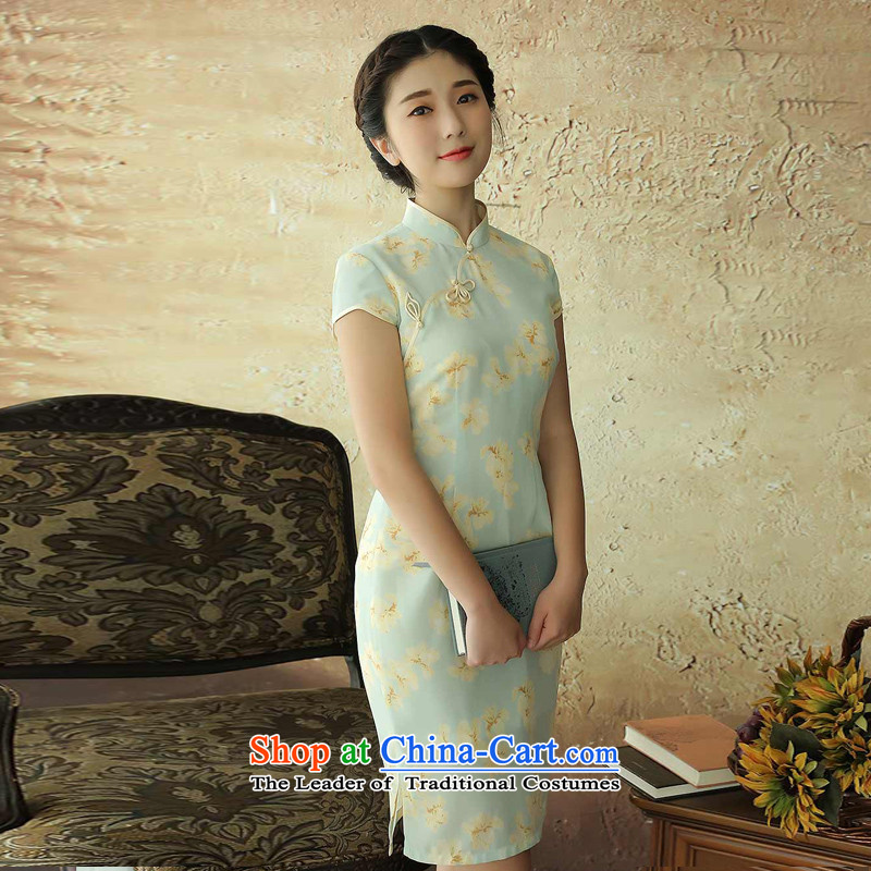 【 Yat lady- Ewha improved Mock-neck stamp cheongsam dress retro summer China wind stylish short-sleeved qipao light yellow M Yat Lady , , , shopping on the Internet