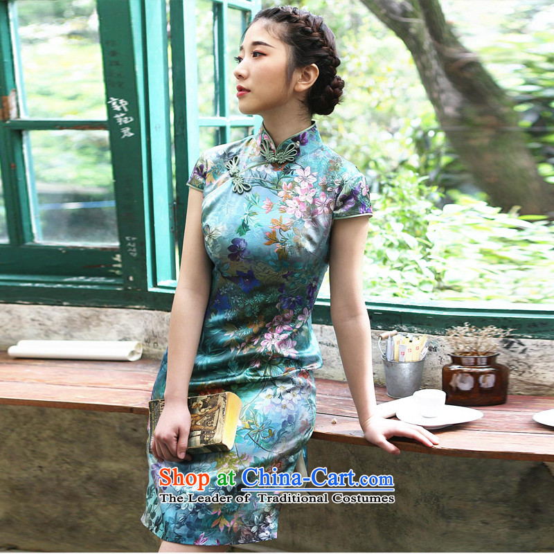 A Pinwheel Without Wind come mute better Yat silk cheongsam dress retro summer daily fashion improved skirt qipao green XL, Yat Lady , , , shopping on the Internet
