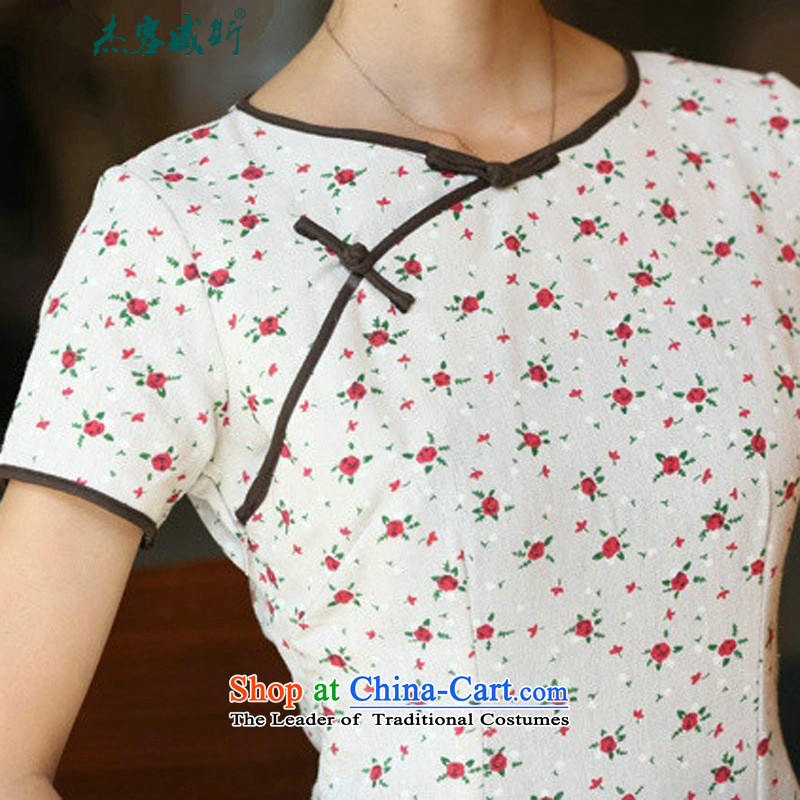 In Wiesbaden, Cheng Kejie new national little rose long neck short-sleeved detained manually   improved stylish cotton linen cheongsam dress CIC308 Little Rose round-neck collar XL, Cheng Kejie, the , , , shopping on the Internet