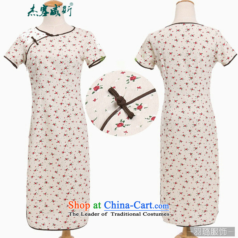 In Wiesbaden, Cheng Kejie new national little rose long neck short-sleeved detained manually   improved stylish cotton linen cheongsam dress CIC308 Little Rose round-neck collar XL, Cheng Kejie, the , , , shopping on the Internet
