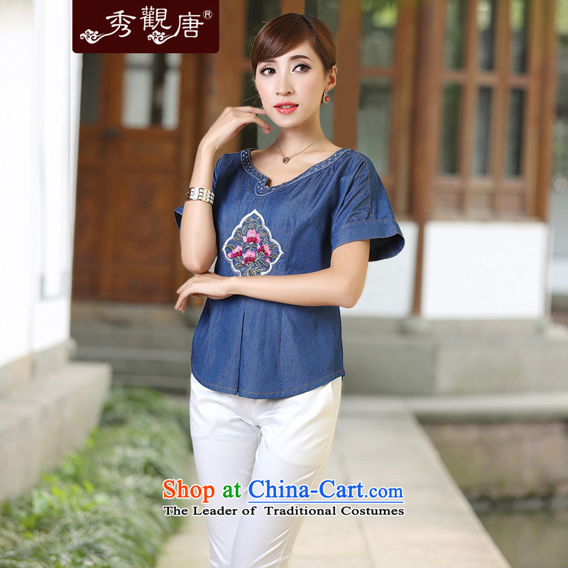 [Sau Kwun Tong] to the rhythm of the 2014 Summer new short-sleeved T-shirt of ethnic embroidery Tang dynasty TD4324 Ms. XXL, deep blue-soo Kwun Tong shopping on the Internet has been pressed.