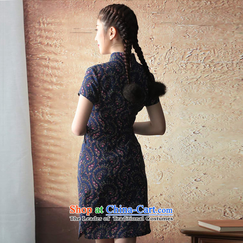 【 Yat lady health book Overgrown Tomb chiffon stamp retro improved cheongsam dress 2015 Summer stylish new blue qipao XL, Yat Lady , , , shopping on the Internet