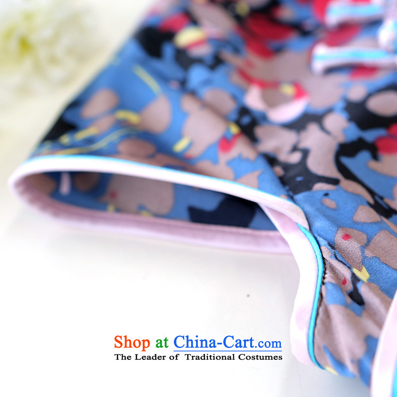 A Pinwheel Without Wind Yat flowers Silk Cheongsam retro 2015 Summer cheongsam dress the new improved daily stylish blue XL, Yat Lady , , , shopping on the Internet