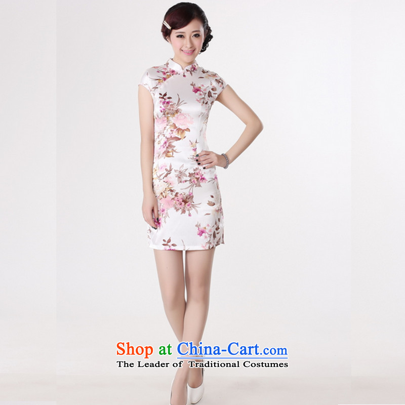 The 2014 summer flowers figure for women of the new Chinese qipao improved collar hand-painted silk gown need Tang dynasty retro short white XL, mosaic qipao shopping on the Internet has been pressed.
