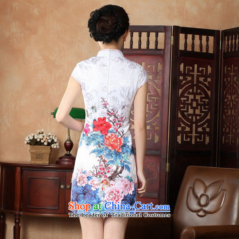 Figure for summer flowers new women's Chinese improved collar is traversed by the Tang dynasty hand-painted COTTON SHORT qipao White , Sepia floral shopping on the Internet has been pressed.