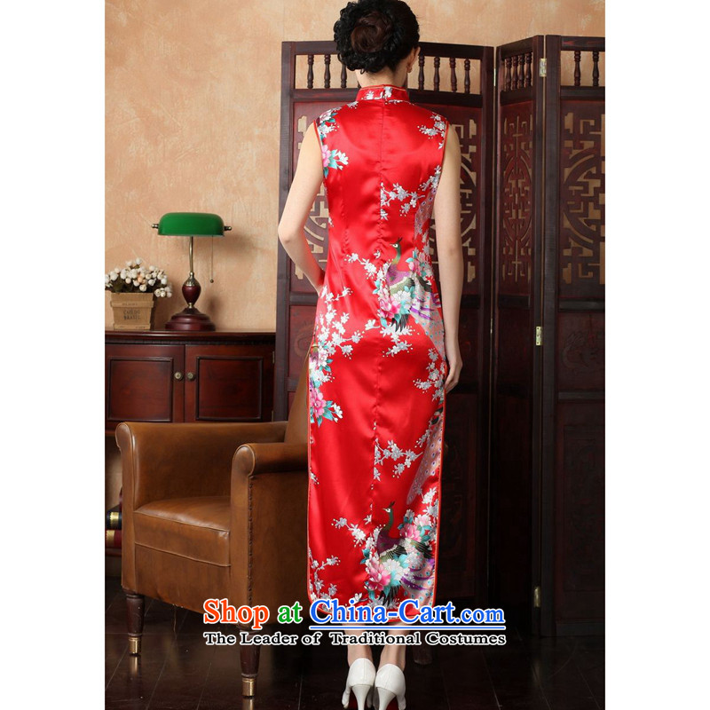 The 2014 summer flowers figure for women of the new Chinese qipao improved collar hand-painted silk mercers Tang dynasty retro peacock long qipao J5116 146 S, floral shopping on the Internet has been pressed.