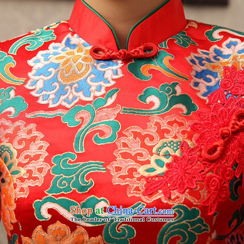 Rain-sang yi wedding dress bows to the chiffon chinese red color long-sleeved long bride advanced damask round his breast enhancement of Qipao QP487 RED XL, rain is yi , , , shopping on the Internet