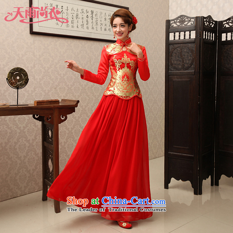 Rain-sang yi new bride wedding dress long skirt bows service long-sleeved red kit marriage chiffon qipao QP461 kit red XL, rain is yi , , , shopping on the Internet