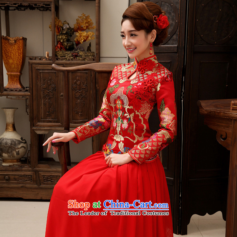 Rain in spring and autumn Yi Sang-bride wedding wedding dress 2015 new autumn and winter clothing back door skirts bows red chiffon kit QP458 qipao red XL, rain is yi , , , shopping on the Internet