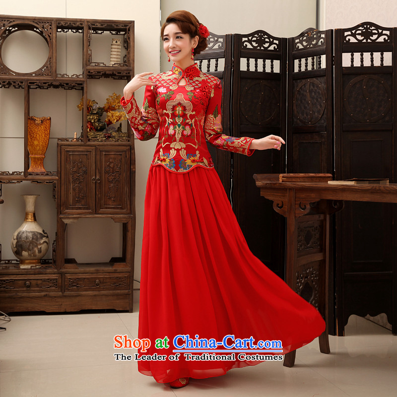 Rain in spring and autumn Yi Sang-bride wedding wedding dress 2015 new autumn and winter clothing back door skirts bows red chiffon kit QP458 qipao red XL, rain is yi , , , shopping on the Internet