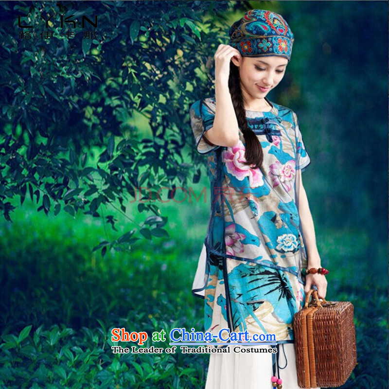 The router then summer Icaza new national cotton linen stamp disc loose ties improved cheongsam dress short-sleeved dresses A6035 Blue M-el-card that has been pressed shopping on the Internet