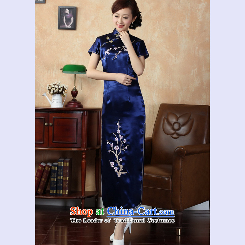 The 2014 summer flowers figure for women of the new Chinese qipao improved version of a collar badges of silk embroidery retro long qipao J3407 J3407 on cyan , L, floral shopping on the Internet has been pressed.