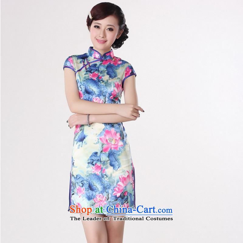It 2014 NEW STYLISH CHINESE CHEONGSAM Tang dynasty improved Lotus is pressed to collar damask short-sleeved qipao D0200-b D0200 2XL, floral shopping on the Internet has been pressed.