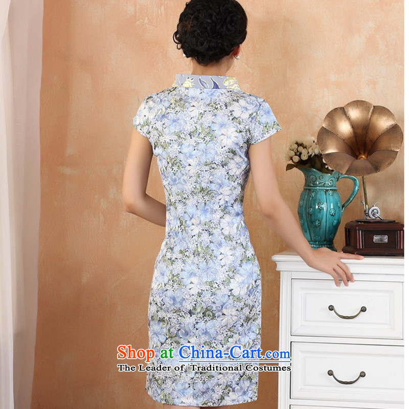 Take a new stylish summer short-sleeved blouses and Tang dynasty qipao gown round collar V improvement in Chinese jacquard blue qipao S, floral shopping on the Internet has been pressed.