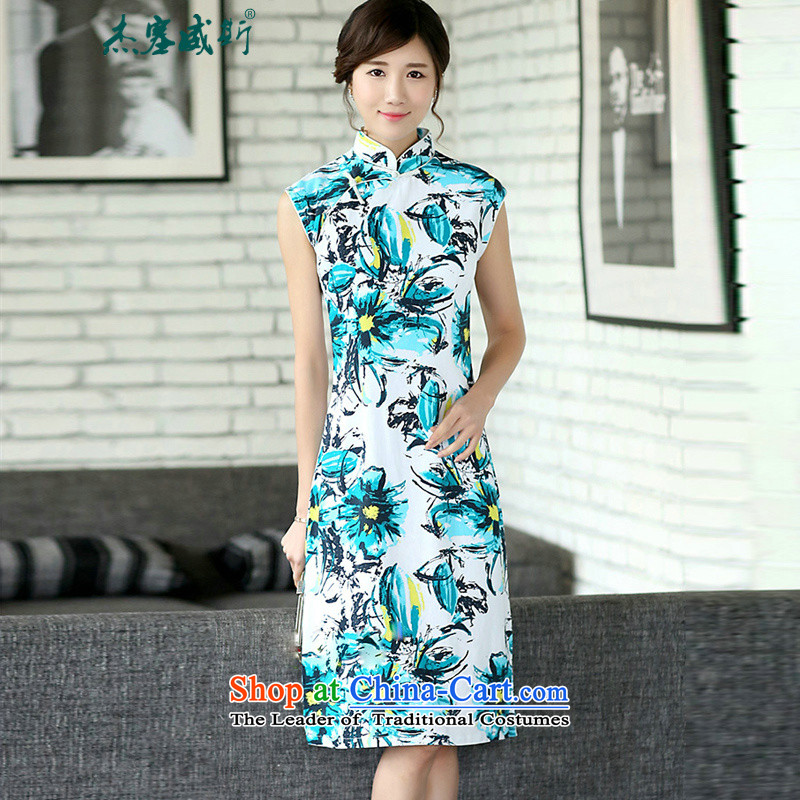In the new Jie_ improved daily Chinese linen retro summer manually detained stamp cotton linen dresses sleeveless girl cheongsam dress?CQP712?sleeveless BLUEBONNET?L