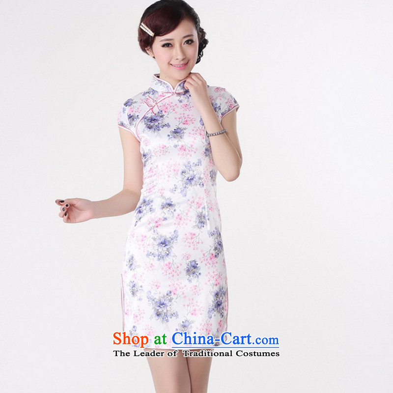 Take a new stylish summer female qipao Tang Dynasty Chinese collar is pressed to improve cotton short-sleeved hand-painted white , L, spend a short qipao figure , , , shopping on the Internet