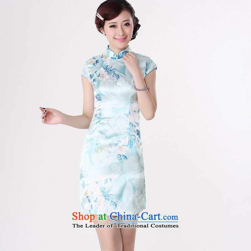It new cheongsam dress summer improved retro collar is pressed to hand-painted silk cheongsam dress short Chinese improvement, light blue floral 2XL, J5132 shopping on the Internet has been pressed.