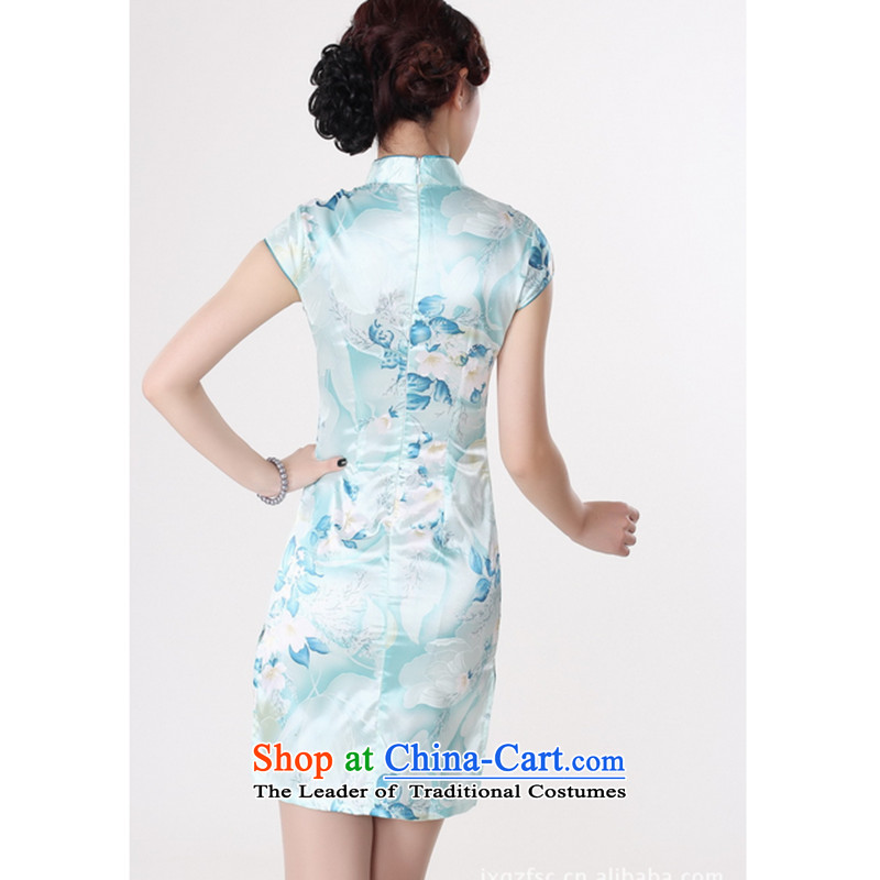 It new cheongsam dress summer improved retro collar is pressed to hand-painted silk cheongsam dress short Chinese improvement, light blue floral 2XL, J5132 shopping on the Internet has been pressed.