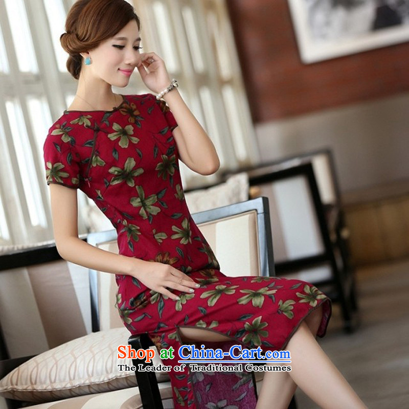 Jie in the spring and summer of new products cotton linen round-neck collar Sau San is manually stamp long cheongsam dress dresses QF624 buckwheat flowers round-neck collar M In Wisconsin, , , , Jie shopping on the Internet
