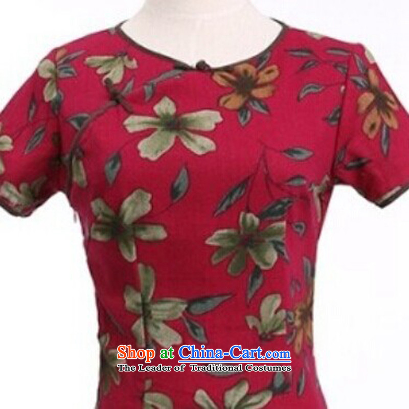Jie in the spring and summer of new products cotton linen round-neck collar Sau San is manually stamp long cheongsam dress dresses QF624 buckwheat flowers round-neck collar M In Wisconsin, , , , Jie shopping on the Internet