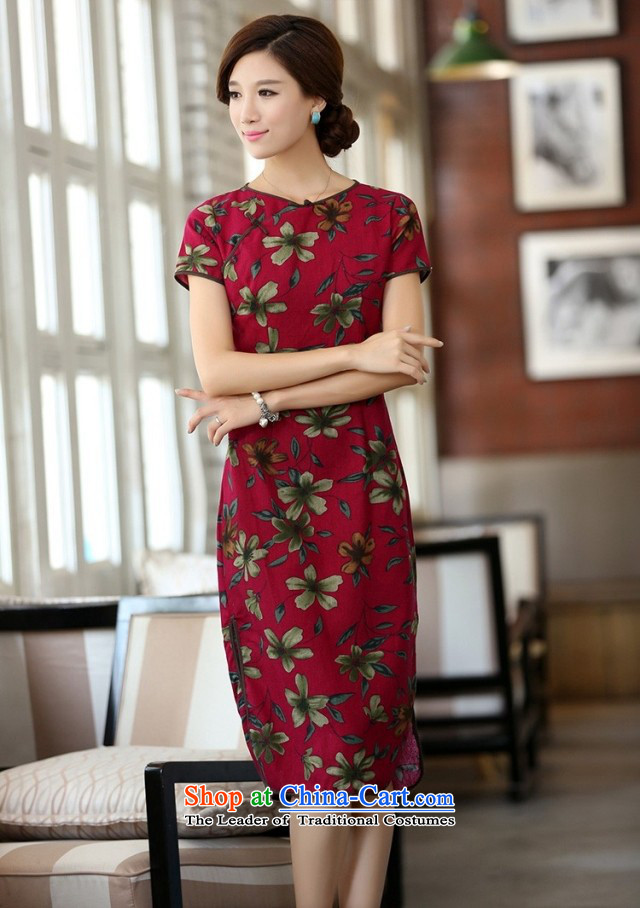 Jie in the spring and summer of new products cotton linen round-neck collar Sau San is manually stamp long cheongsam dress dresses QF624 buckwheat flowers round-neck collar M picture, prices, brand platters! The elections are supplied in the national character of distribution, so action, buy now enjoy more preferential! As soon as possible.