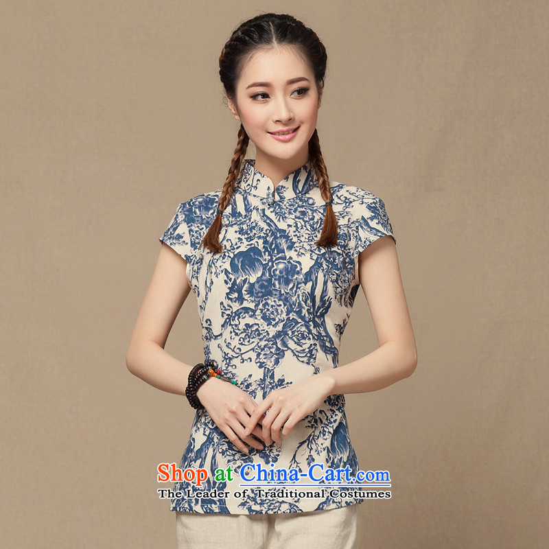 Seal of 2014 Summer new cheongsam shirt porcelain Chinese Women's short-sleeved T-shirt and blue Tang retro SAIKA?XL