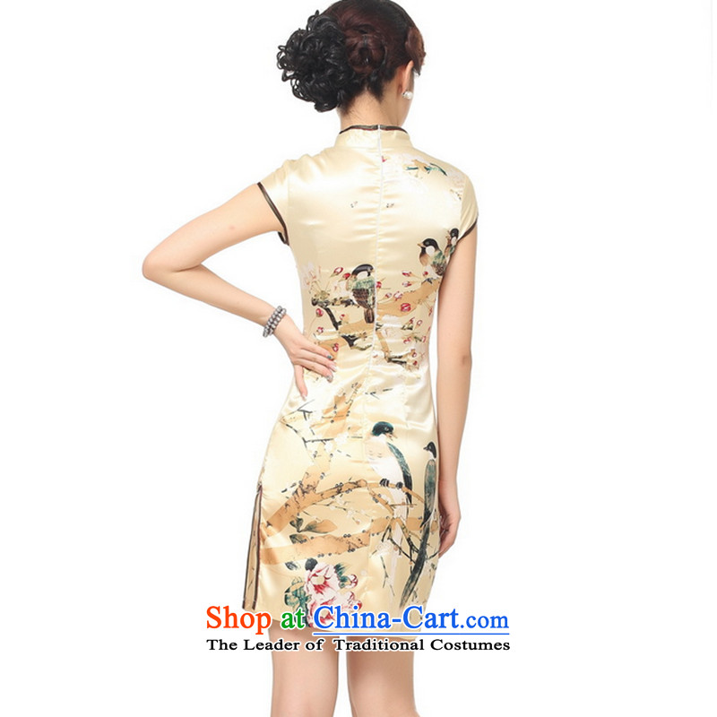 It new cheongsam female collar is pressed to the summer flowers ink printing and dyeing qipao gold floral M , , , shopping on the Internet