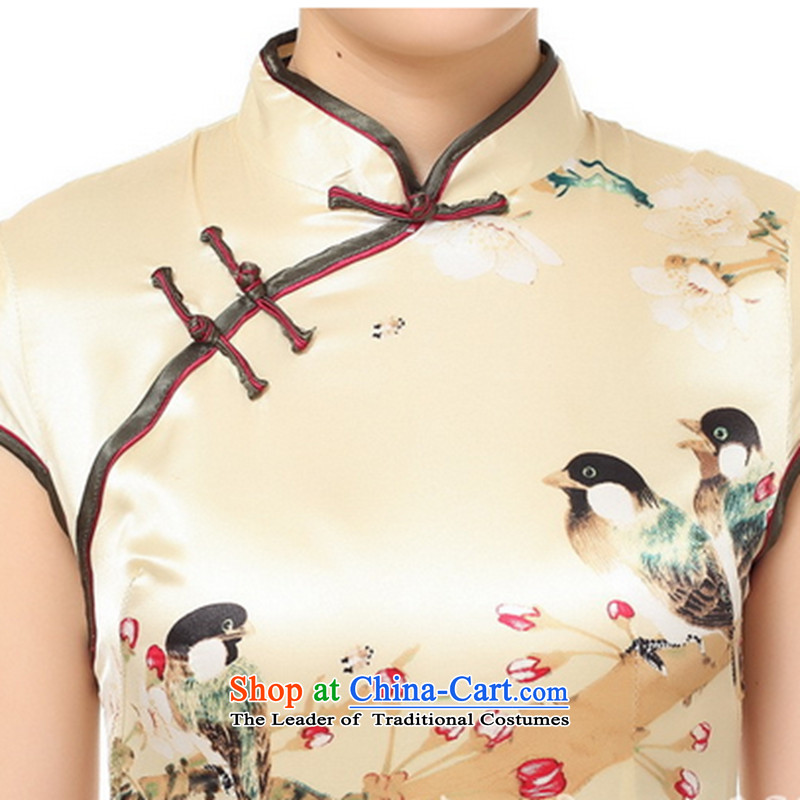 It new cheongsam female collar is pressed to the summer flowers ink printing and dyeing qipao gold floral M , , , shopping on the Internet