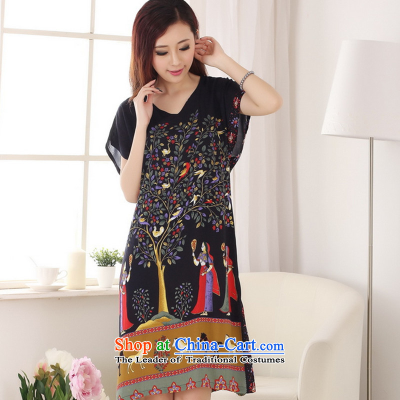 The new summer flowers figure Tang dynasty hand-painted ladies loose cotton bathrobe antique dresses -A navy blue color code, spend the figure has been pressed shopping on the Internet