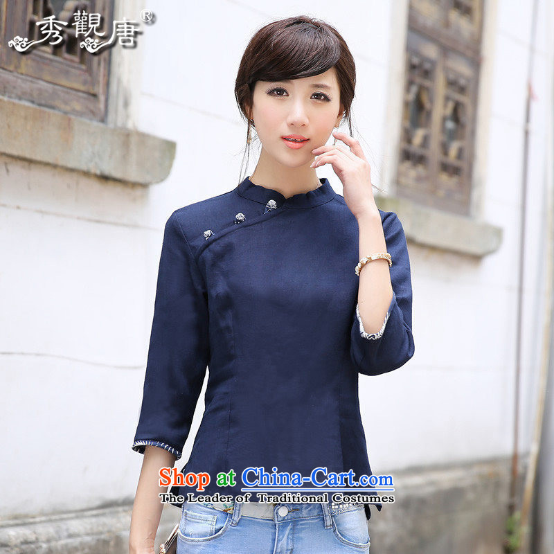 [Sau Kwun Tong] Go 2015 new women's cotton linen Chinese Tang blouses/Chinese qipao shirt G13563 improved Sau San XXL, dark blue-soo Kwun Tong shopping on the Internet has been pressed.