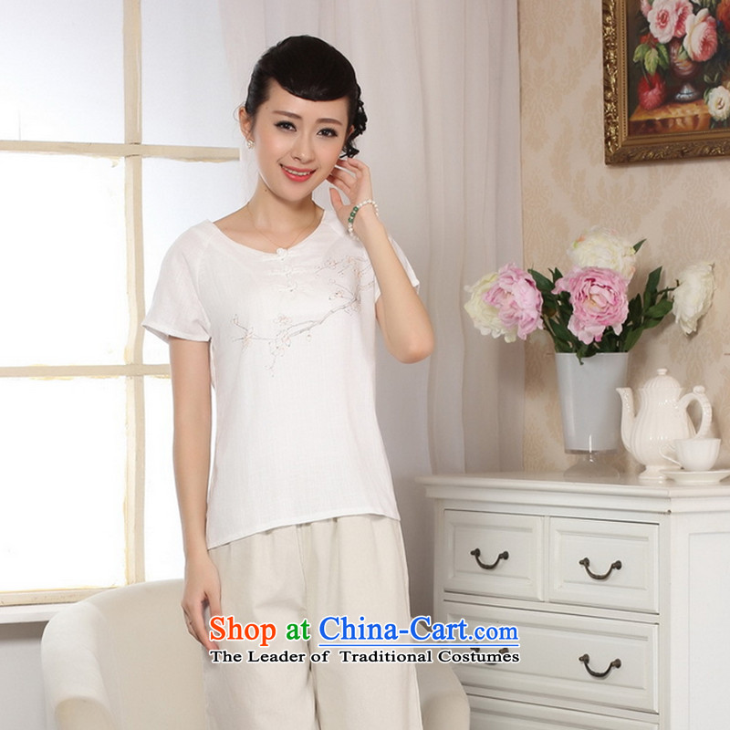 Take the new summer figure of nostalgia for the hand-painted short-sleeved T-shirt qipao cotton linen hand-painted shirt of ethnic women 0072 White L, floral shopping on the Internet has been pressed.