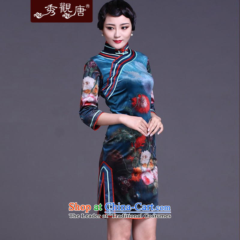 [Sau Kwun Tong] blue-Ping Xiang spring 2015 in the Retro classic digital printing cuff cheongsam dress cheongsam dress suit , L-soo, G91138 TANG , , , shopping on the Internet