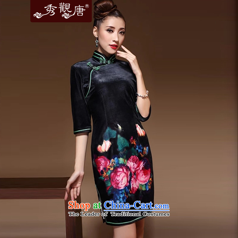 [Sau Kwun Tong] 2014 Autumn Load MR NGAN Heung-mother scouring pads qipao retro collar upscale velvet gown skirt QZ3861 black , L, Sau Kwun Tong shopping on the Internet has been pressed.