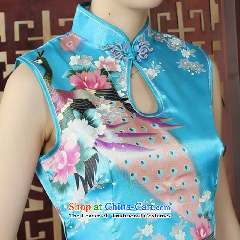 C.o.d. floral Tang Women's clothes summer Mock-neck cheongsam dress Peacock Blue Lake 0 short qipao S, floral shopping on the Internet has been pressed.