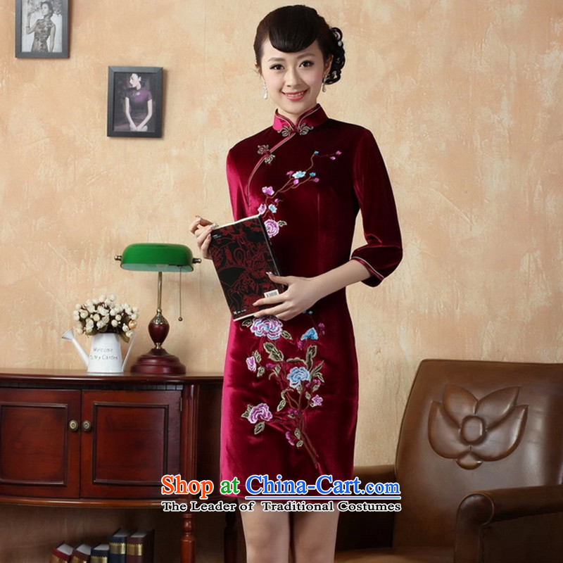 It fall inside the new cheongsam Tang dynasty women's Mock-neck Stretch Wool embroidery in Kim short-sleeved qipao picture color XL, floral shopping on the Internet has been pressed.