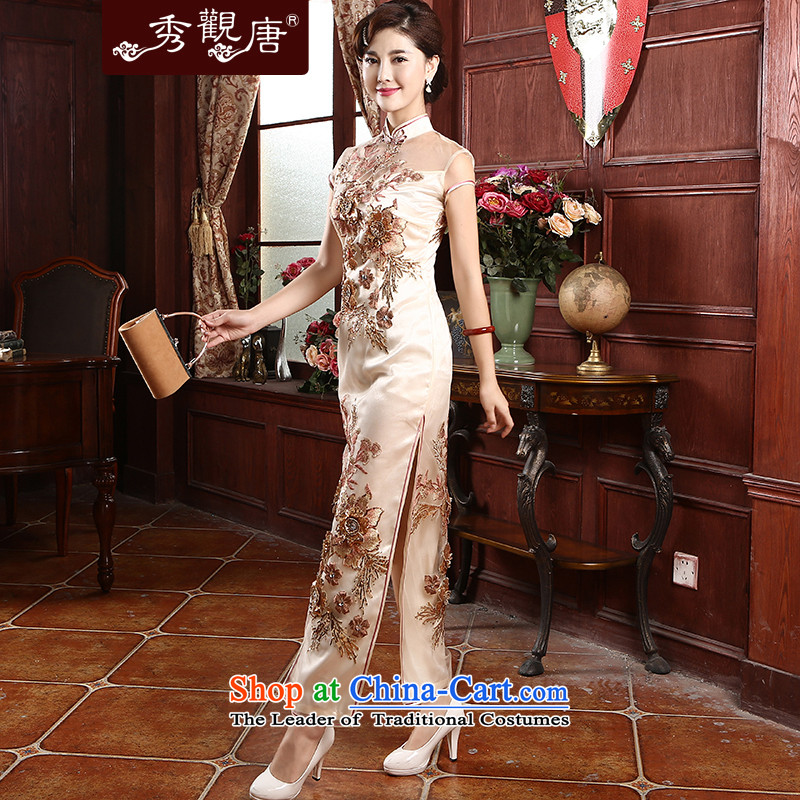 [Sau Kwun Tong Xiang Yun] gauze embroidery cheongsam 2015 Summer banquet long high retro cheongsam dress apricot color M-soo Kwun Tong shopping on the Internet has been pressed.
