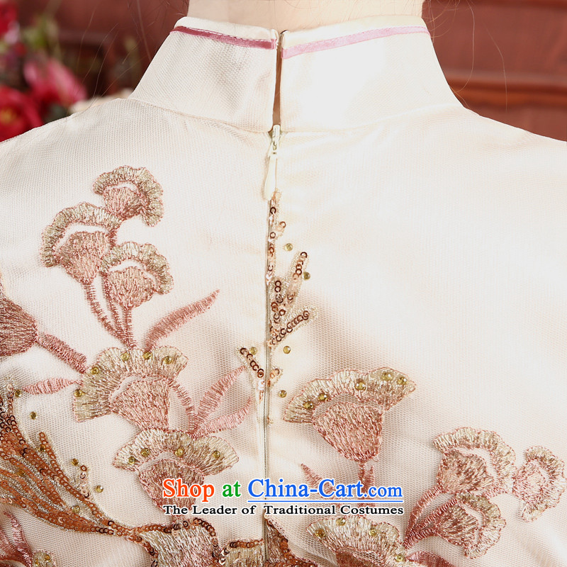 [Sau Kwun Tong Xiang Yun] gauze embroidery cheongsam 2015 Summer banquet long high retro cheongsam dress apricot color M-soo Kwun Tong shopping on the Internet has been pressed.