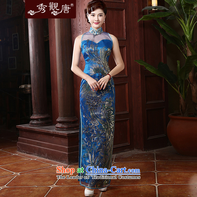 -Sau Kwun Tong- Bong-ying Long on 2015 retro's cheongsam dress qipao Ms. upscale banqueting QD4744 BLUE?XXL