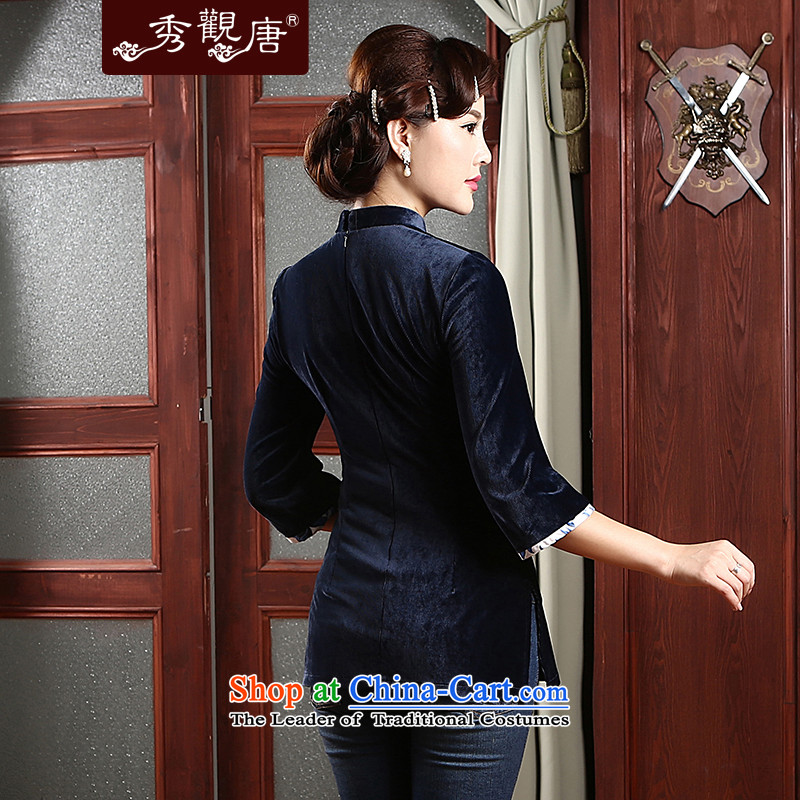 [Sau Kwun Tong] ancient fragrant 2015 new fall short-Women's clothes Chinese Ethnic Chinese shirt improved mother replacing TZ4740 Dark Blue M Soo-Kwun Tong shopping on the Internet has been pressed.