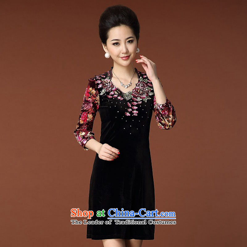 Leung Ching 2015. The elderly micro-mother autumn replacing commuter women wear long-sleeved embroidered embroidery Kim velvet cheongsam black M Leung micro-ching , , , shopping on the Internet