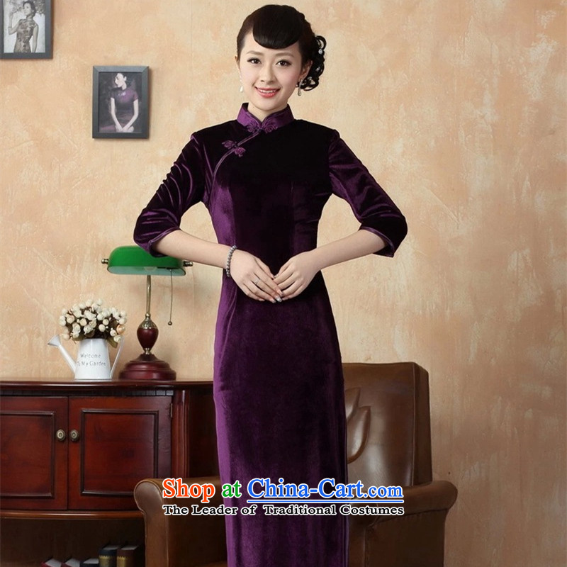 The Syrians Poem for elegant card female plain and handcrafted bright superior Stretch Wool elegant seven gold sleeve length cheongsam purple?XL