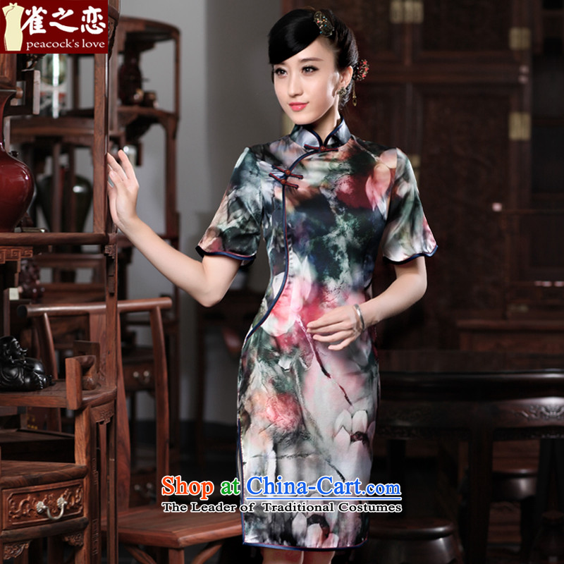 Love of birds Qiu Xiang Background?Spring 2015 new cheongsam dress improved stylish horn cuff Silk Cheongsam QD532 retro figure?L