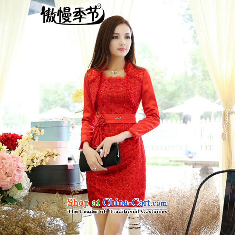 2015 autumn season arrogance new aristocratic small-long-sleeved video thin increase the wind code wedding dress dresses picture colorXL