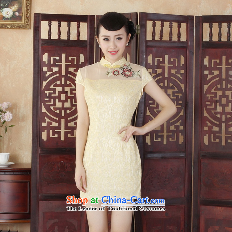 Floral Lady Jane Nga stylish improved Sau San lace short cheongsam dress female new Chinese cheongsam dress 4 yellow , L, floral shopping on the Internet has been pressed.