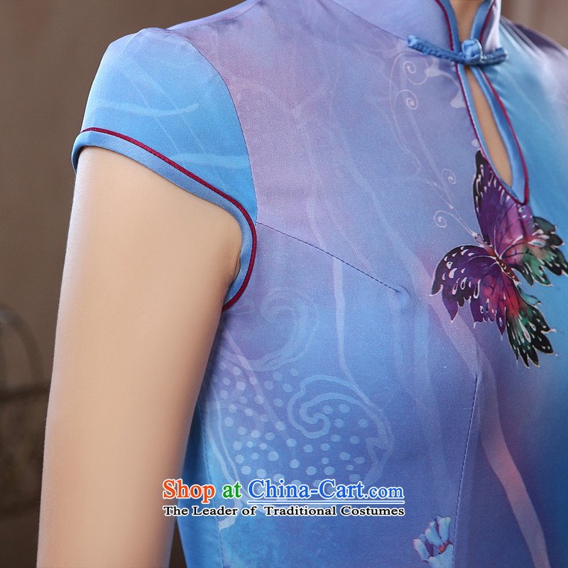 Morning new qipao Land summer retro long improved stylish herbs extract silk Chinese cheongsam dress blue following blue XL, morning land has been pressed shopping on the Internet