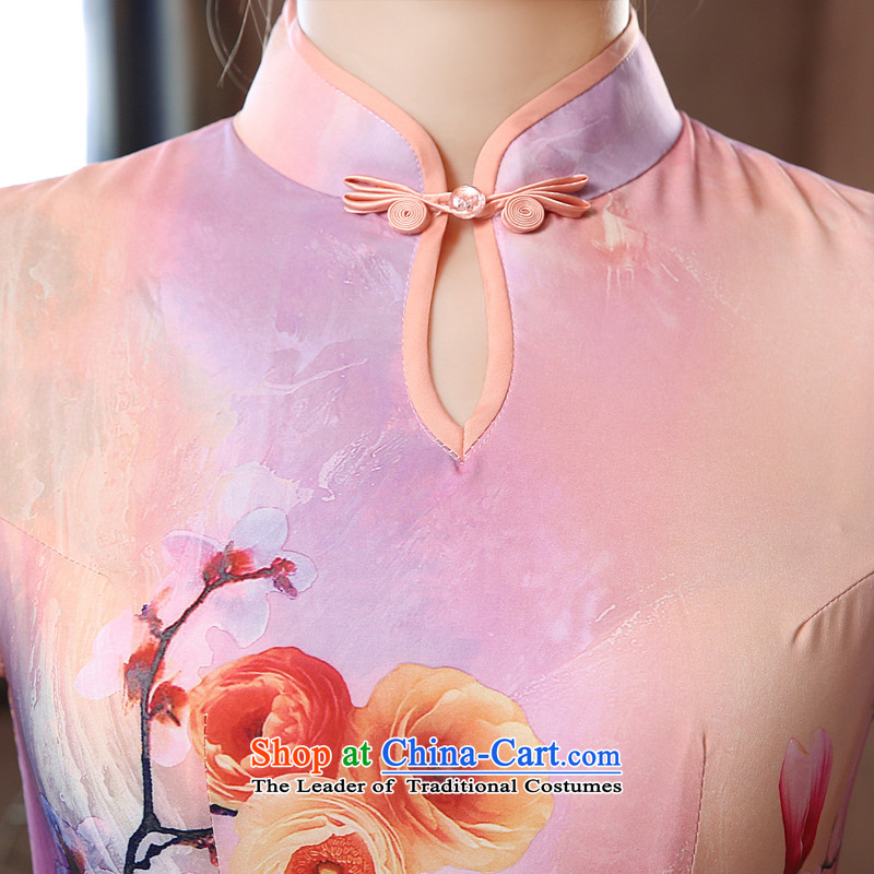Morning new qipao Land summer retro long improved stylish herbs extract silk Chinese cheongsam dress sweet Powder Pink M morning land has been pressed shopping on the Internet